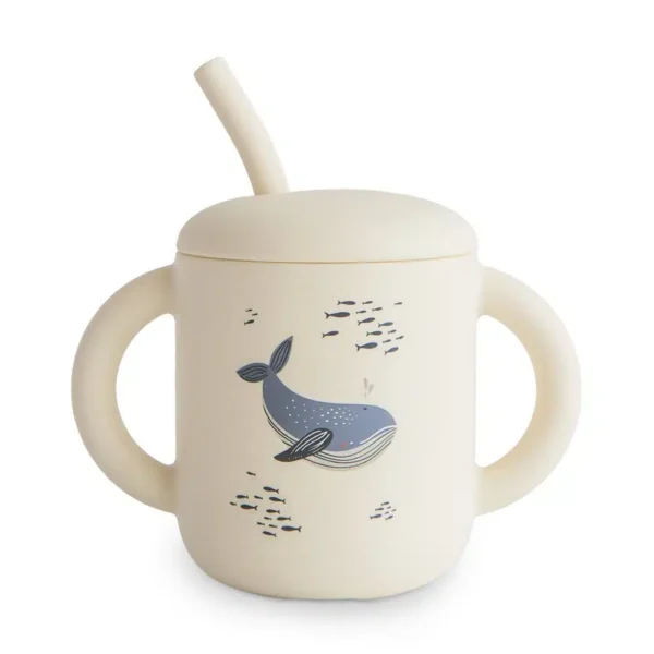 MUSHIE Silikónový Pohárik so slamkou  WHALES  101742