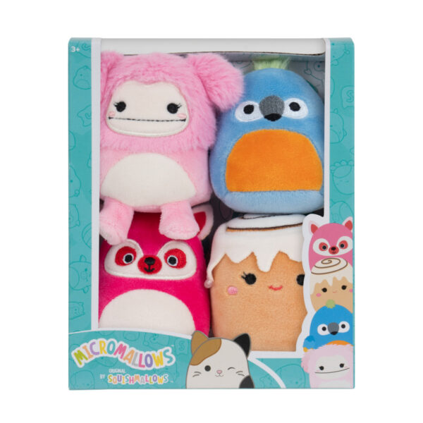 SQUISHMALLOWS 4 Pack Micromallows Mýval, Bigfoot, Ara, Škoricová rolka SQMM0006